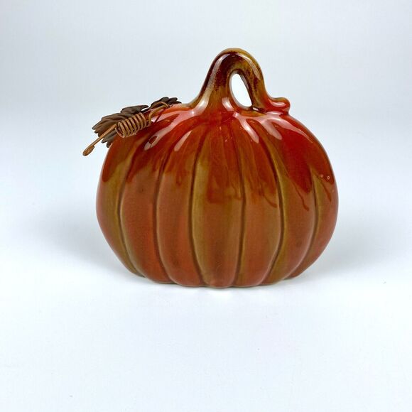 Ceramic Pumpkin with Metal Leaf Fun Festive Home Decoration Shelf Sitter 5.25" - Picture 7 of 12